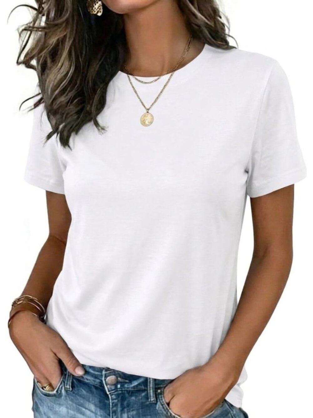 Women's White Short Sleeve Crew neck Casual Basic Imported Tee Shirts